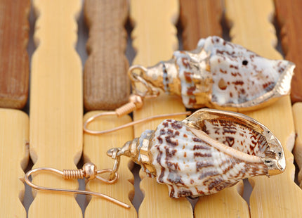 Alilang Golden Accent Marine Nautical Brown White Conch Seashell Fish Mermaid Dangle Drop Earrings