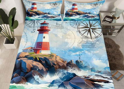 Ocean Wave Fitted Sheet Twin Size,Retro Lighthouse Compass Sailboat Nautical Bedding Set Kids Girls Boys Bedroom Decor,World Map Marine Bed Sheets,Mountain Rustic Nature Landscape Bed Cover