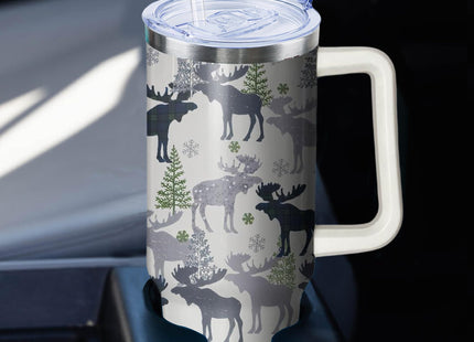 40oz Moose Stainless Steel Tumbler with Handle and Straw, Insulated Cup Travel Coffee Mug Water Bottle with Lid and Straw, Animal Lovers Women Gifts