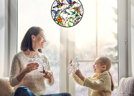 Hummingbird and Flowers Stained Glass Window Hanging - 8″ Hummingbird Suncatcher Indoor Window Hanging Decor Birds Ornaments with Chain and Hooks - Hummingbird Gifts for Women Mom Grandma Bird Lovers