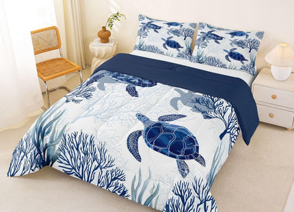 Erosebridal Turtle Comforter Set Twin White Blue Sea Turtle Bedding Set for Kids,Reptile Coastal Tortoise Quilt Hawaiian Ocean Beach Theme Comforter for Boys Girls Room
