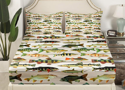 Feelyou Bass Fish Bed Sheets Set Twin Size Fishing and Hunting Fitted Sheet Beige Wood Plank Decor Bedding Set, 1 Fitted Sheet + 1 Flat Sheet + 1 Pillowcase