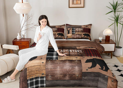 Cabin Home Comforter Sets King Size Hunting Bear Deer Animals Theme Quilted Duvet 3pcs for Boys Men Teens Kids Bedroom Decor Brown Wooden Rustic Farmhouse Style Bedding Sets Patchwork Plaid Bedspread