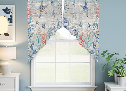Coastal Starfish Swag Valances for Windows Rod Pocket Kitchen Window Curtains Over Sink, Ocean Sea Beach Coral Blue Kitchen Curtains Sets, Swag Curtains Valance for Living Room, 28"x36" Set of 2