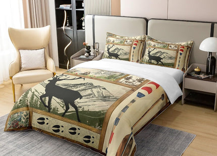 100% Cotton Farmhouse Lake House Decor Duvet Cover Twin, Rustic Hunting Deer Comforter Cover for Kids Boys Girls Teens, Retro Wild Animals Bedding, Woodland Pine Tree Paddle Plaid Decor Quilt Cover