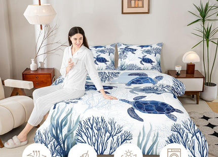Erosebridal Turtle Comforter Set Twin White Blue Sea Turtle Bedding Set for Kids,Reptile Coastal Tortoise Quilt Hawaiian Ocean Beach Theme Comforter for Boys Girls Room
