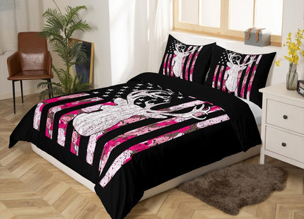 Erosebridal Pink Camo Deer Bedding Set Hunting Duvet Cover Twin Retro Camouflage American Flag Cover for Comforter,Western Farmhouse Antlers Quilt Cover for Kids Girls Teen Women with Zipper 2 Pcs
