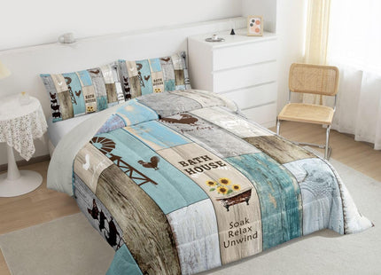 Rustic Farmhouse Bedding Set Cabin Decor, Retro Windmill Decor Comforter Set Western Wooden Barn Door Quilt Sunflower Rooster Farm Animal Bedding Comforter Sets Farmhouse Gifts For Women, Full