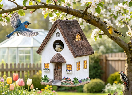 Bird Houses for Outside Outdoor Bird Houses, Hanging Resin Birdhouse for Bluebird, Hummingbird, Sparrow, Wren Finches, Chickadee, Gifts for Bird Lovers,Garden Decorations