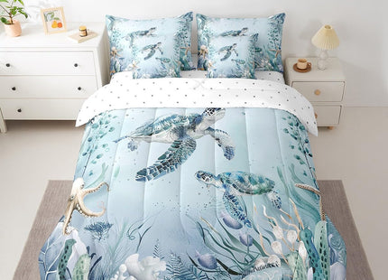 Sea Turtle Comforter Set 7 Piece Bed in a Bag Twin,Teal Blue Ocean Beach Coastal Bedding Set Starfish Octopus Tentacles Sheet Sets with Comforter Creature Coral Bed Set,Kawaii Fish Room Decor