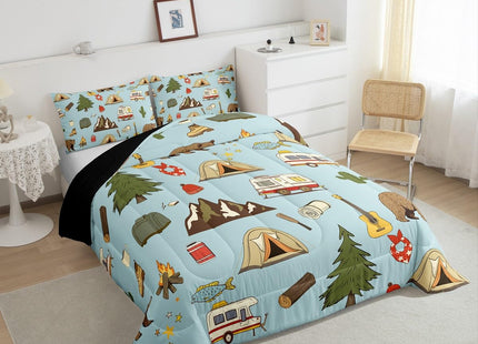 Camper Bedding for Travel Trailers Bunk, Happy Camping Comforter Set for Kids Boys Girls, Pine Tree Bear Duvet Insert, Camper Accessories Bedding Comforter Sets, Travel Car Down Comforter, 2Pcs Twin