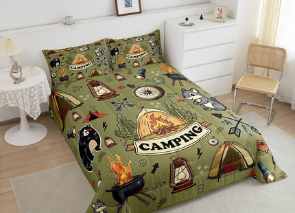 Erosebridal Kids RV Camper Queen Comforter Set,Camping Tent Bedding Set for Boys Girls Room Decor,Forest Bear Fox Bed Set Rustic Style Travel Trailer Bedding Comforter Sets,2 Pillowcases