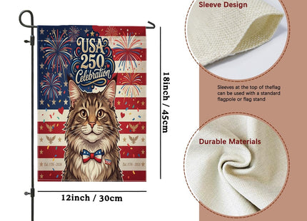 250 Years Maine Coons Cats Front Yard Backyard Burlap Garden Flags 12x18 Double Sided for Outside, 4th of July Patriotic Pattern Small Lawn Flags, American Home Outdoor House Flags