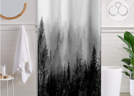 ORTIGIA Black and White Misty Forest Shower Curtain for Bathroom, Nature Woodland Curtain Set with Hooks, Decorative Pine Tree Fog Magic Bath Decor for Home Weighted, 72x72