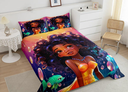 Erosebridal Afro-American Girl Twin Comforter Set for Little Girl,Afro Kid Princess Melanin Bedding Set,Ocean Fish Toddlers American Black Girls Quilt for Girls Bedroom