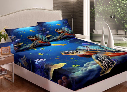 Coastal Beach Theme Kids Printed Sheet Set Twin Deep Pocket,Sea Turtle Sheets & Pillowcase Sets,3 Piece Ultra Soft Fish Summer Cool Microfiber Bed Sheets+Reptile Flat Sheet+ Ocean Fitted Sheet