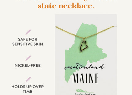 Lucky Feather Maine State Shaped Necklace | 14k Gold-Dipped Pendant Necklace | Easter Basket Stuffer| State Love Fashion Jewelry For Women | Dainty Necklace For Women | Great Gift Idea