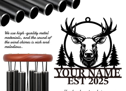 WindWink Personalized Customize Name Moose Wind Chime, Metal Iron 37 Inch Outdoor Memorial Gift for Garden Yard Patio Home Decor, Black (Style D)