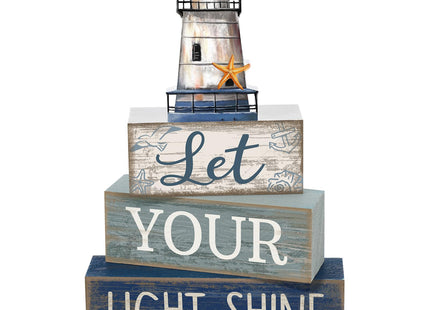 Lineshading 4 Pcs Beach Coastal Table Decor Wooden Lighthouse Decoration with Starfish Summer Tiered Tray Decor Blue and White Ocean Centerpieces Rustic Beach House Nautical Decorations for Home Shelf