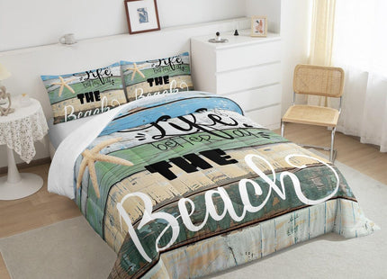 Castle Fairy Beach Life Comforter Set Twin Size Blue Green Rustic Farmhouse Bedding for Decor Starfish Cabin Wood Stripes Print Quilted Duvet Beach Camper Insert 2pcs(CYJS9694ZMD-BZ_USt)