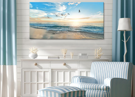 Goldfoilart Ocean Beach Sunset Canvas Wall Art for Bedroom Seagull Seascape Paintings Coastal Picture Framed Artwork for Bathroom Living Room Office Decor 20" x 40"
