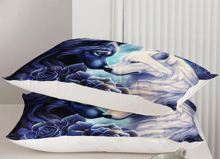 OUIXOTIC Wolf Print Comforter Set Queen Size,White and Dark Blue Wolf in Flowers Duvet Set, Forest Animals Printed Quilte Set for Girls Boys Adult,with 1 Comforter and 2 Pillow Case