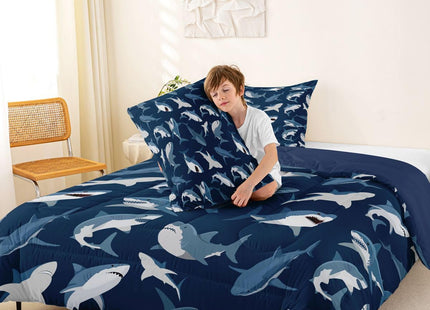 Boys Shark Bedding Set Ocean Sealife Comforter Set for Kids Youth Teens,Under Sea Marine Life Duvet Insert,Underwater World Creature Bed Quilt,Nautical Sea Animal Bedroom Decor Full Size Navy Blue