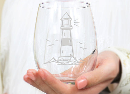 Lighthouse Stemless Wine Glass - Coastal, Cottage, Lighthouse Gift - 2 Glasses