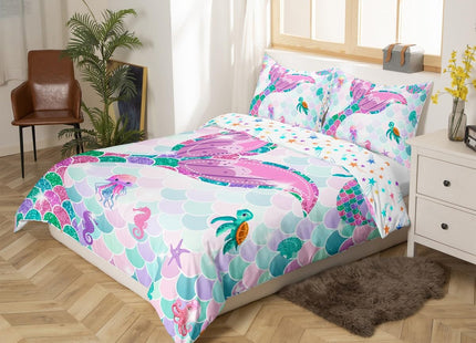 Erosebridal Mermaid Bedding Set,Nautical Sea Animal Kawaii Duvet Cover Full Mermaid Gifts for Girls,Fish Scale Sparkle Sequins Comforter Cover Ocean Bed Sets Aquarium Marine Life Bedroom Decor…