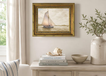 Vintage Sailboat Nautical Landscape Wall Art, Gold Framed Canvas Print