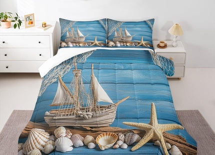 Erosebridal Coastal Comforter Sets Ocean Bedding King for Girls Boys Kids Teens, Starfish Conch Bedding Comforters & Sets Sailboat Duvet Set, Nautical Theme Quilt Set Blue Retro Farmhouse Decorations