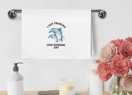 XNXLDYLH Funny Coastal Dolphin Hand Towels Gifts, Beachy Ocean Dolphin Bathroom Decor, Nautical I Just Freaking Love Dolphins Decor Dish Kitchen Hand Tea Towels for Bathroom Kitchen, 16x24 Inches