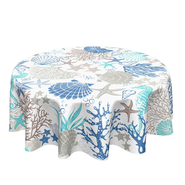 Ancordivo Nautical Coastal Round Tablecloth 60 Inch Summer Ocean Seashell Starfish Coral Sea Horse Table Cloth Rustic Farmhouse Beach Theme Table Cover for Kitchen Dinner Party Decor