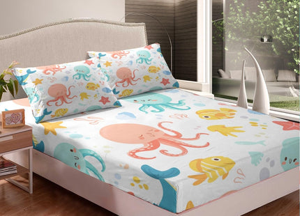Erosebridal Ocean Octopus Fitted Sheet Twin Size,Coastal Beach Theme Bedding Set Nautical Bedroom Decor,Sea Fish Whale Starfish Bed Set for Kids Boys Girls,Marine Life Bottom Sheets Only (2Pcs)