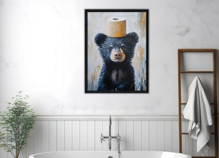 Framed Funny Black Bear Bathroom Canvas Wall Art Rustic Decor 12x16 Inches