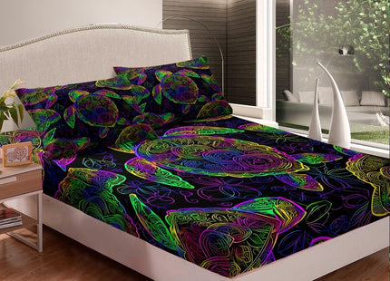 Feelyou Sea Turtle Sheet Set Ocean Animal Bed Sheet Trippy Bohemia Bedding 1 Flat Sheet & 1 Fitted Sheet with 2 Pillowcases (Full)