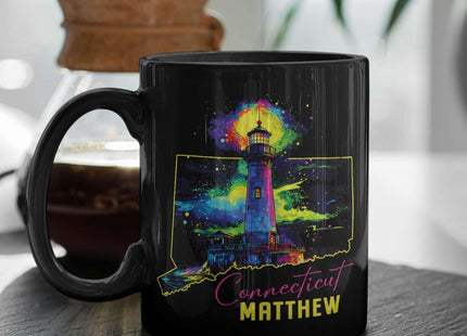 Connecticut Souvenir Coffee Mug With Custom Name, Personalized State Outline Black Cup, Colorful Lighthouse Design Mug, Customized Scenic Ceramic Cup 11oz 15oz, Gift For Travelers