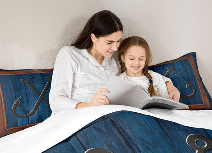 Anchor Nautical Kids Comforter Set Twin Size,Fish Hook Lake House Fishing Theme Bedding Set,Girls Boys Adults Room Decor,Wooden Plank Camper Down Comforter,Blue Rustic Duvet Insert,1 Pillowcase