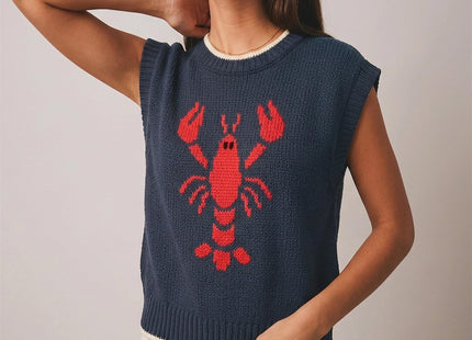 CUBRIDGE Lobster Sweater Vest Women Sweater Tank Sleeveless Knit Vests Navy