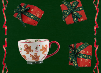 Kyuei Christmas Ceramics Mug Gingerbread Pattern 15 OZ Cute Christmas Coffee Cup for Women Men Kids with Gift Box