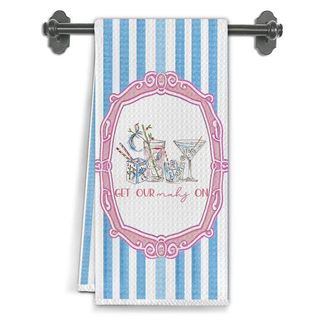 Elefeltclave Mahjong Cocktail Kitchen Towels,Gifts for Cocktail Lovers Dish Tea Towels,Mahjong Player Lover Gifts Decorative Hand Towel for Kitchen Bar Pub,Blue Striped Pink Coastal Decor,16x24 Inch