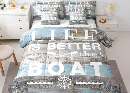Erosebridal Lake House Comforter Set Twin Size 7 Piece,Paddle Boating Bedding Set with Sheet Set,Rustic Farmhouse Bed in A Bag Lake House Gifts for Men,Blue Grey Wooden Board Bed Set