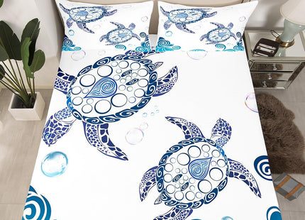 Turtle Bed Sheet Set,Ocean Animals Illustration Monochrome Sea Turtle Ocean Elements Sheets Set, Soft Decorative Fabric 3-Piece Bedding Set (Flat Sheet + Fitted Sheet + Pillow Sham) White Blue,Twin