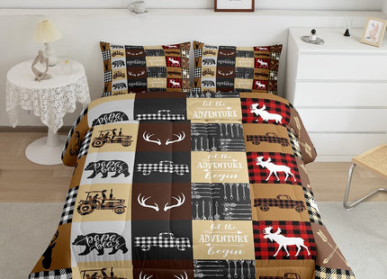 Erosebridal Rustic Farmhouse Duvet Insert, Moose Deer Patchwork Comforter Set for Kids Boys Teens Adult Women Bedroom, Checkered Tractor Bedding Antler Woodland Wildlife Bedding Comforter Sets, King