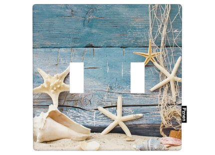 Pznen Decorative Coastal Shell 2-Gang Double Toggle Wall Plate, Rustic Seashell Starfish Light Switch Cover Plates 4.5"x 4.5" for Home Office Beach Decor