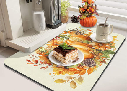 LOKHOM 12"x20" Fall Dish Drying Mat，Pumpkin Maple Leaves Floral
