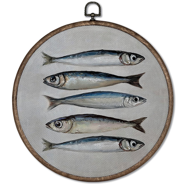GWFSJYU Vintage Sardine Fish Framed Wall Art Decor, Nautical Sardines Round Canvas Prints Wall Art, Coastal fishes Hanging Decor for Beach House Kitchen, 10”x10”inch