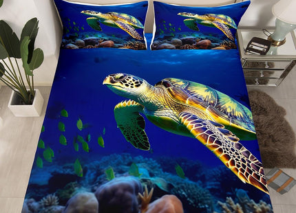 Sea Turtle Fitted Sheet Full,Ocean Beach Themed Nature Style Bed Sheet Set,Marine Underwater Turtle Bedding Set for Kids Girls Boys Bedroom Decor,Hawaiian Coastal Reptile Bed Cover,Teal Blue