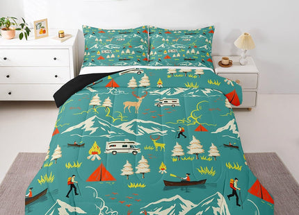 Kids Camping Comforter Set Twin Size, Farmhouse Camper Car Bedding Set, Deer Wild Animals Bedding Comforter Sets, Mountain Adventure Down Comforter, Firemen Woodland Duvet Insert, 2Pcs Green
