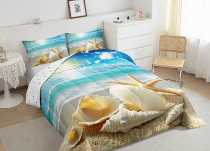 Erosebridal Beach Themed Comforter Sets Full,Blue Ocean Bedding Set Seashell Starfish Printed Bedding Beach Coastal Decor Quilt 1 Comforter + 2 Pillowcase for Kids Teens Adults,Soft Lightweight